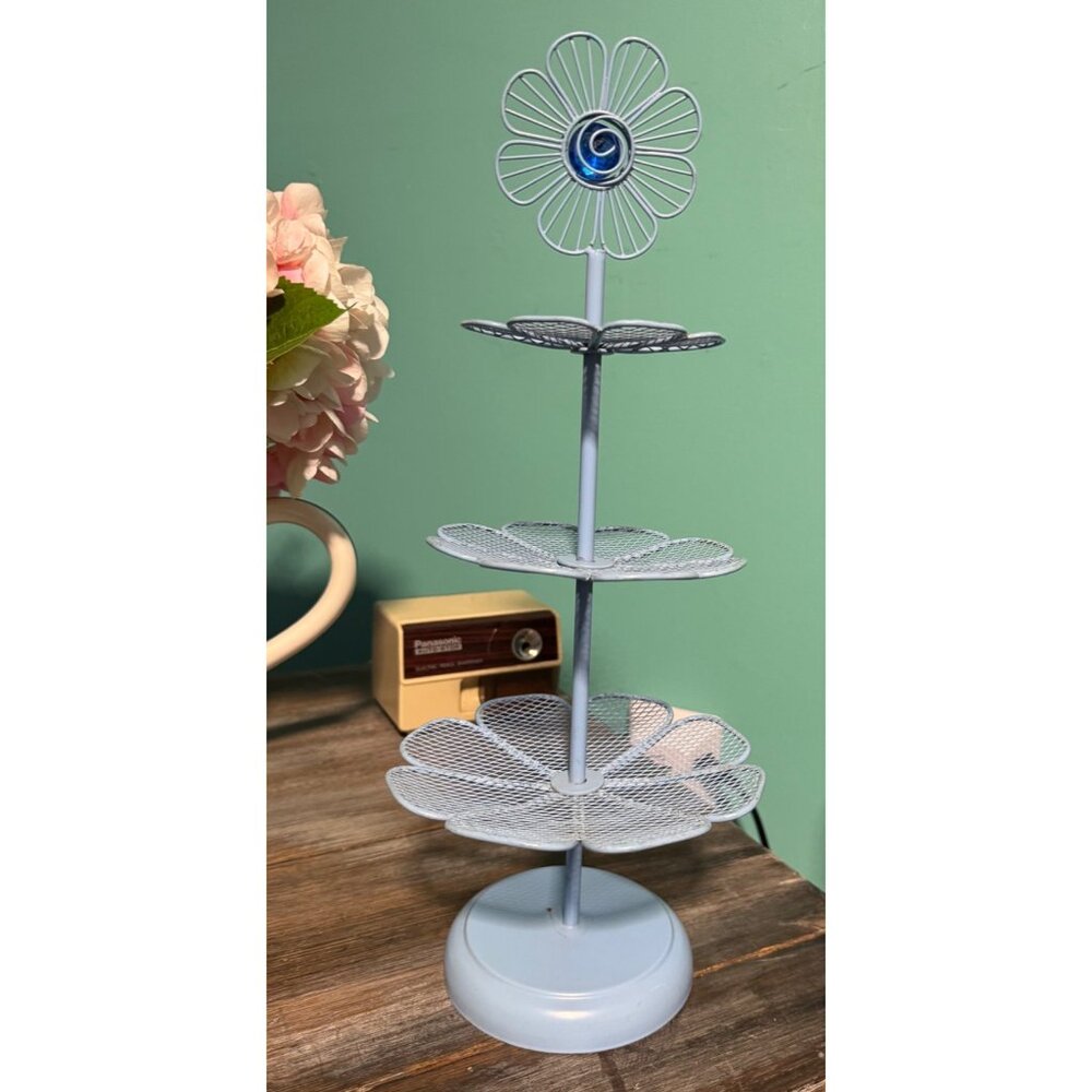 Blue  & Pink Wire Floral 3-Tier Cupcake Stand  Nantucket / Display 17" Tall
